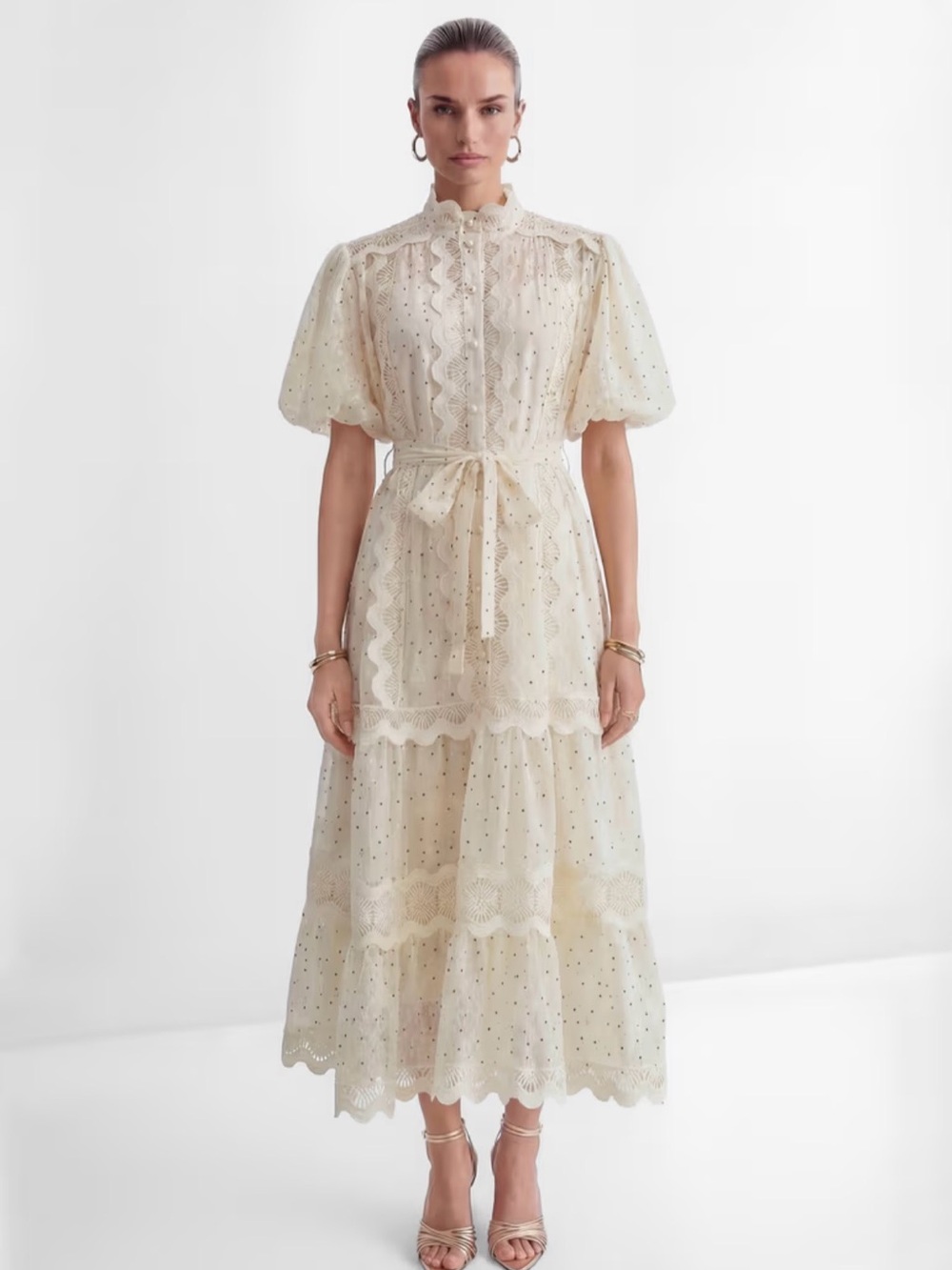 Sunfere Momentous Love Beige Lace Trim Polka Dot Maxi Dress
Beige / M